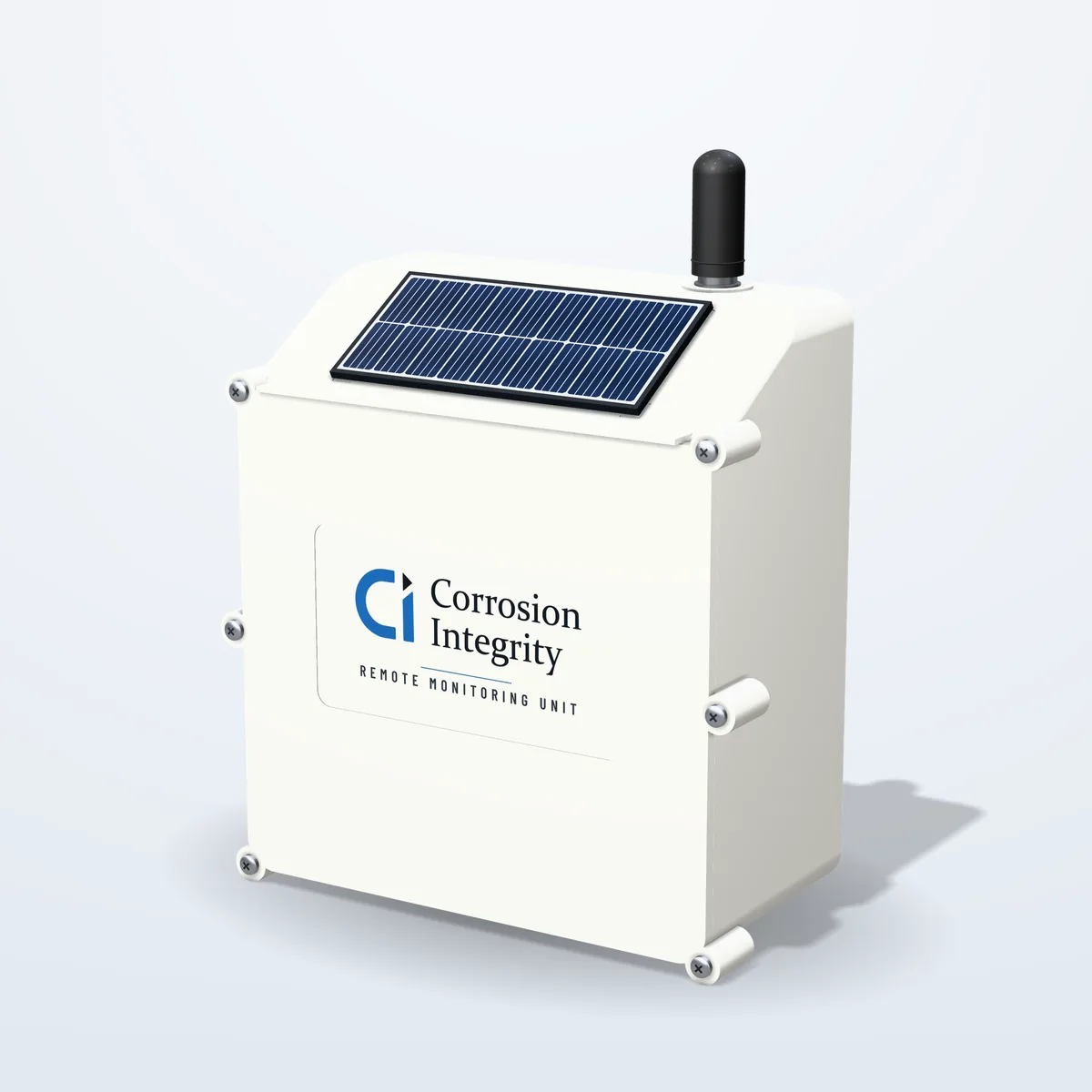 The CI RMU from the front left: solar top-up panel and external antenna on the roof, Corrosion Integrity badge on the lid