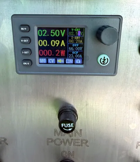 Close-up of the controller output meter reading 2.50 volts, 0.09 amps, 0.2 watts, with setpoint and limit values alongside